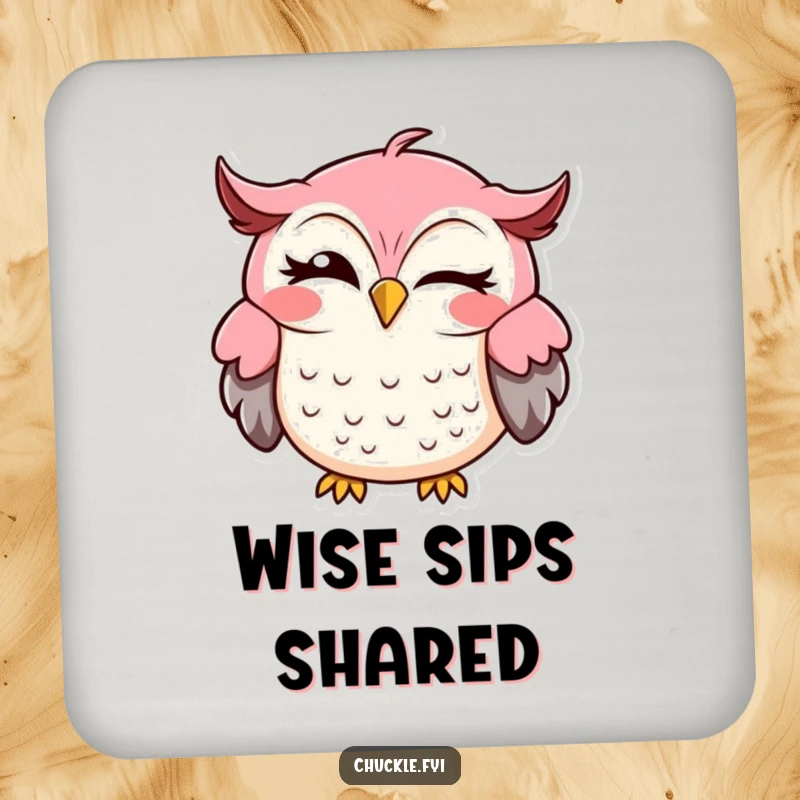 Funny owl drink coaster showcasing a cheerful owl winking with a sideways grin, perfect for tabletops.