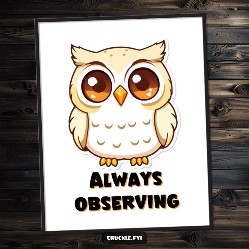 Funny Curious Owl Poster featuring a wise owl with large, sparkling eyes, softly chuckling, intelligent wall decor.