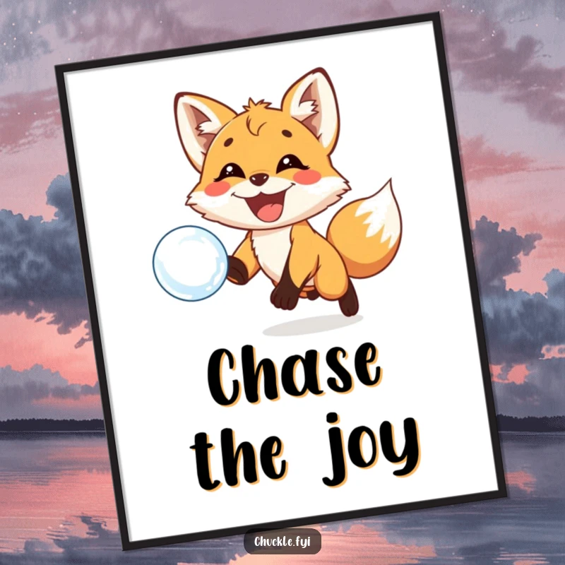 Funny poster depicting a playful fox cub with a huge grin intently chasing a delicate, floating bubble. Captures pure, unadulterated joy.