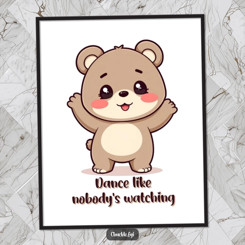 Funny poster depicting a cheerful bear cub with sparkling eyes engaged in a silly, bouncy dance. Captures pure movement and happiness.