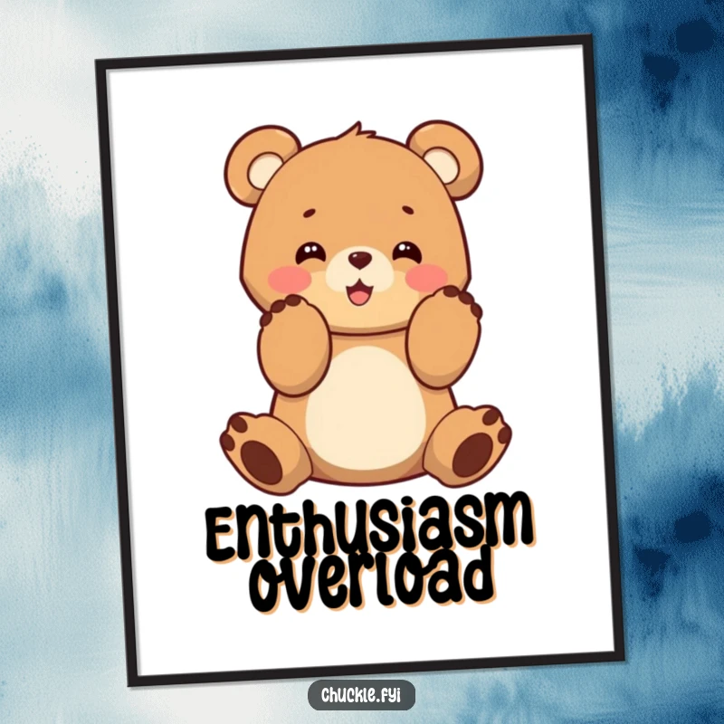 Funny and cheerful bear cub clapping its paws, printed as a delightful wall art poster.