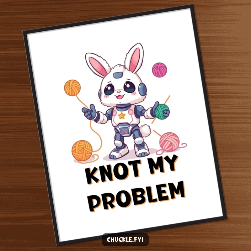 Funny Poster of a fluffy bunny robot joyfully juggling colorful balls of yarn. Vibrant and whimsical wall decor.