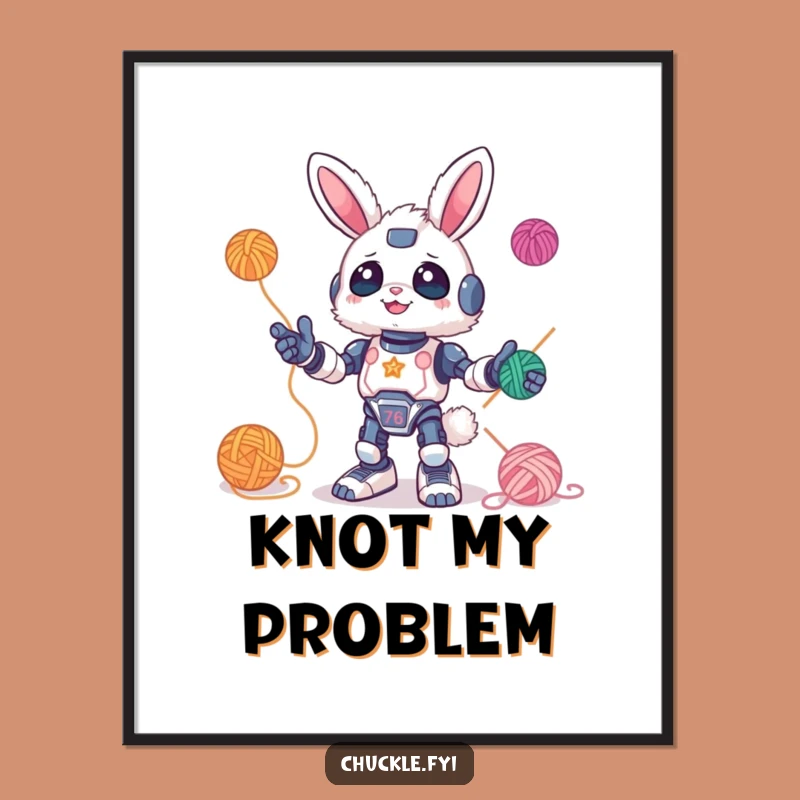 Funny Bunny Robot Juggling Yarn Poster: Whimsical Decor and Perfect Funny Gift