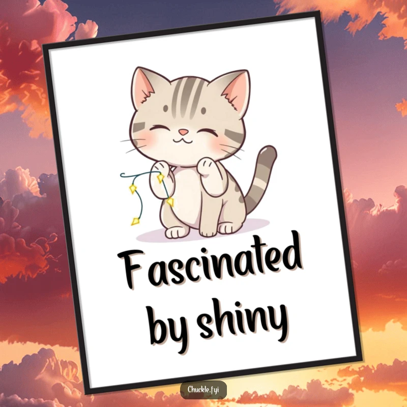 Funny cat poster featuring a curious cat batting at sparkling lights, capturing a moment of playful enchantment.