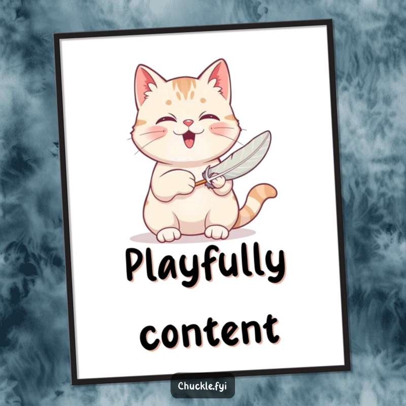 Funny poster art of a contented cat character purring loudly while playfully batting at a feather toy, capturing feline joy.