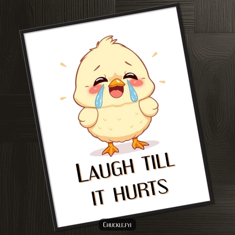 Funny poster of a fluffy chick cracking up, tears of joy streaming, creating a visually amusing and heartwarming piece of art.