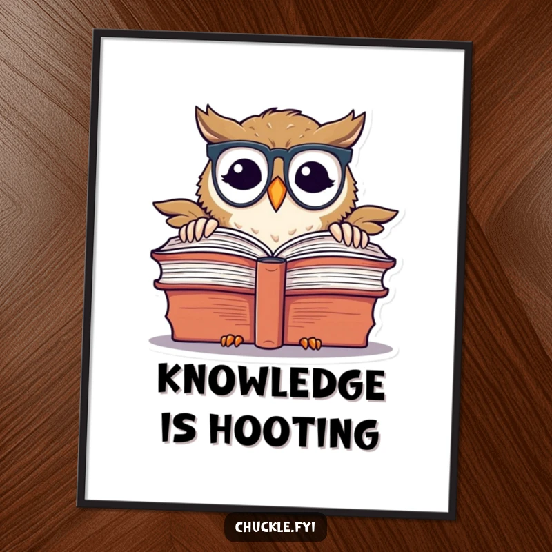 Funny chuckling owl wearing spectacles, peeking over a giant book, as wall art.