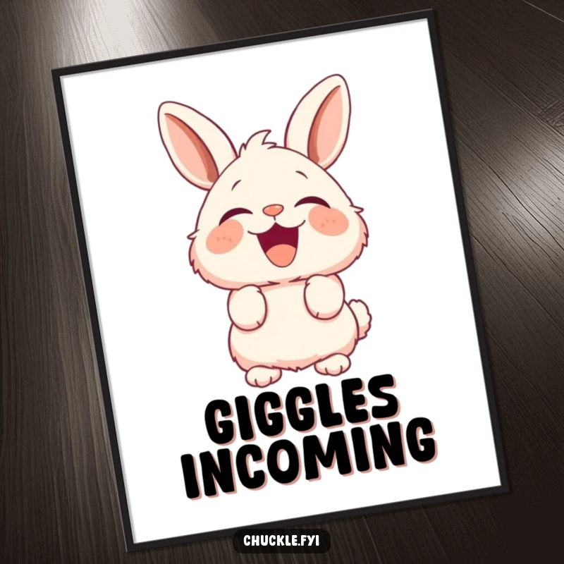 Funny Fluffy Bunny Poster showcasing a rabbit with perked ears erupting into uncontrollable laughter, a humorous wall decoration.