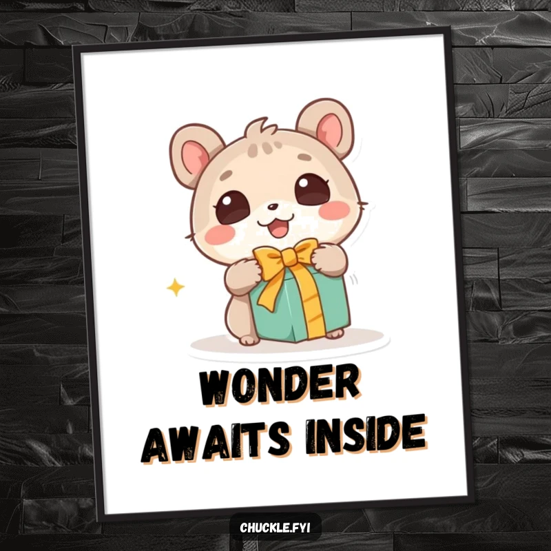 Funny poster illustrating a cute animal character with wide, wondering eyes excitedly unwrapping a gift, capturing a moment of pure, delightful surprise.