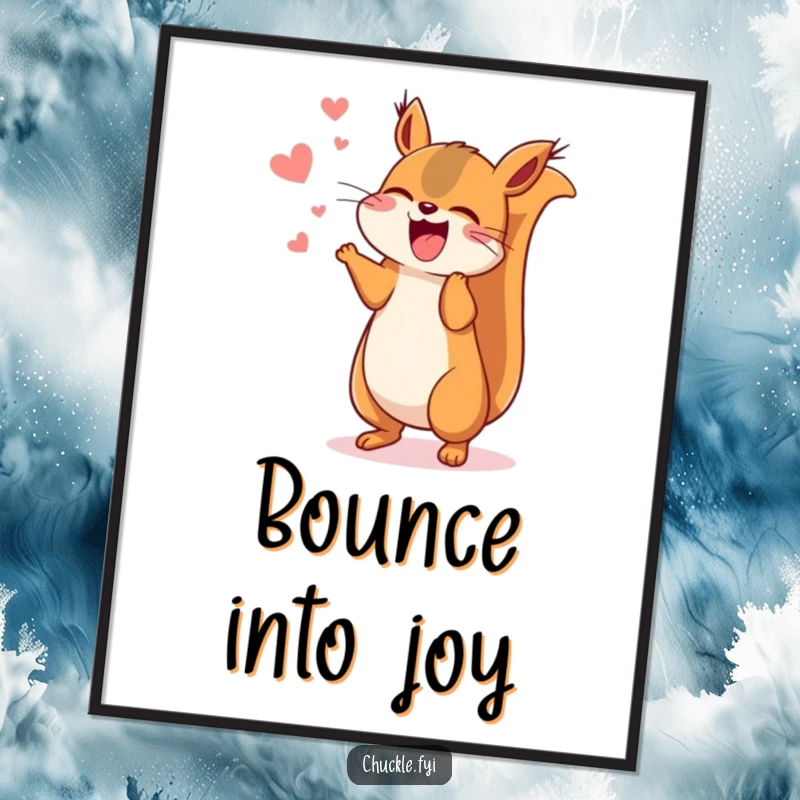Funny Kawaii squirrel poster featuring a cute squirrel chattering excitedly, jumping up and down with pure amusement and vibrant energy.