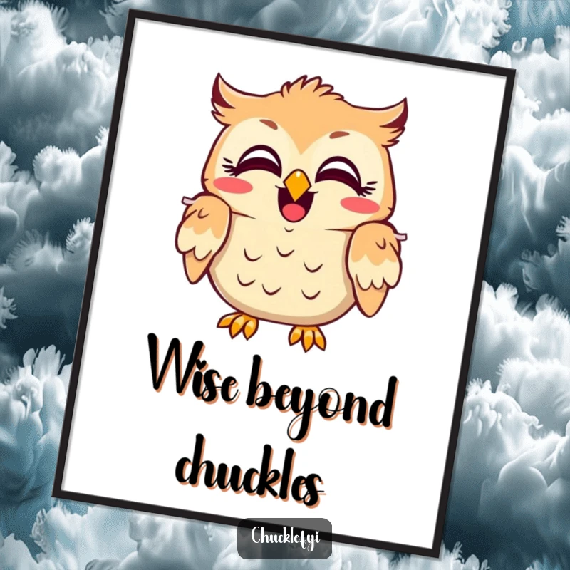 Funny owl poster featuring a character with wide, delighted eyes, shaking its head in hearty laughter, radiating pure comedic energy.