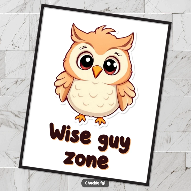 Funny Owl Poster featuring a cartoon owl with wide eyes, chuckling heartily, feathers ruffled, perfect for adding humorous wall decor.