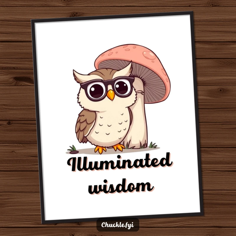 Funny Owl Poster: A happy owl wearing spectacles, looking intently at a giant mushroom, embodying curious wisdom.