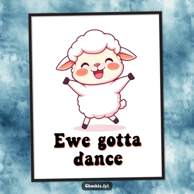 Funny Sheep Poster Print of a joyful cartoon sheep with rosy cheeks, doing a silly, wobbly dance, adding cheerful decor.