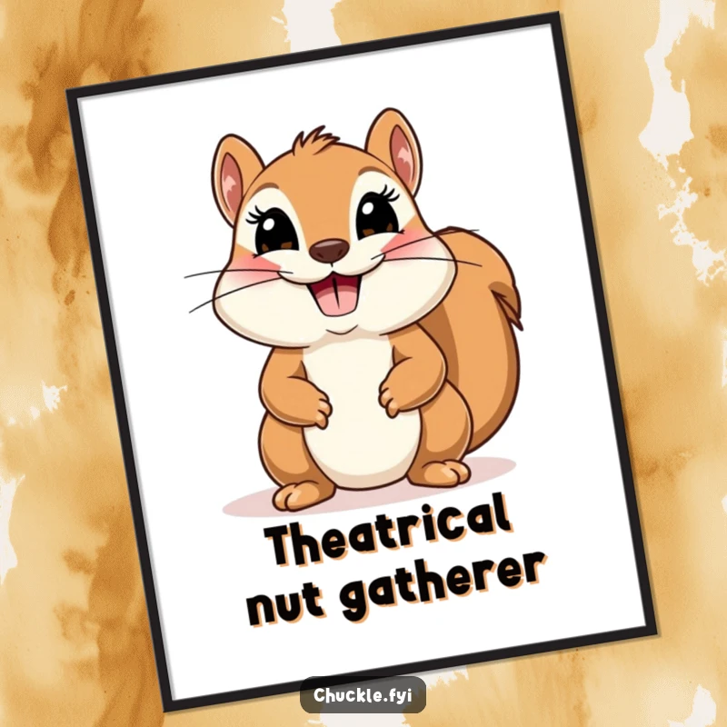 Funny poster of a cute squirrel with a huge smile performing a comical, theatrical bow, adding playful charm.