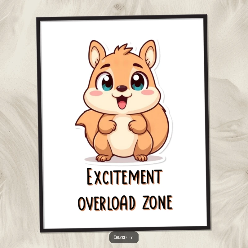 Funny poster of a chattering squirrel character with wide, excited eyes, full of woodland curiosity and energy.