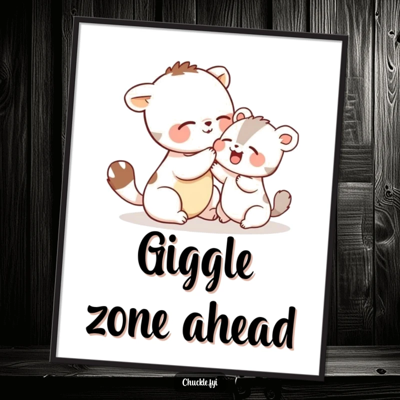 Funny poster illustrating two cute animals playfully tickling each other with wide smiles and giggles, capturing a moment of pure, shared delight.