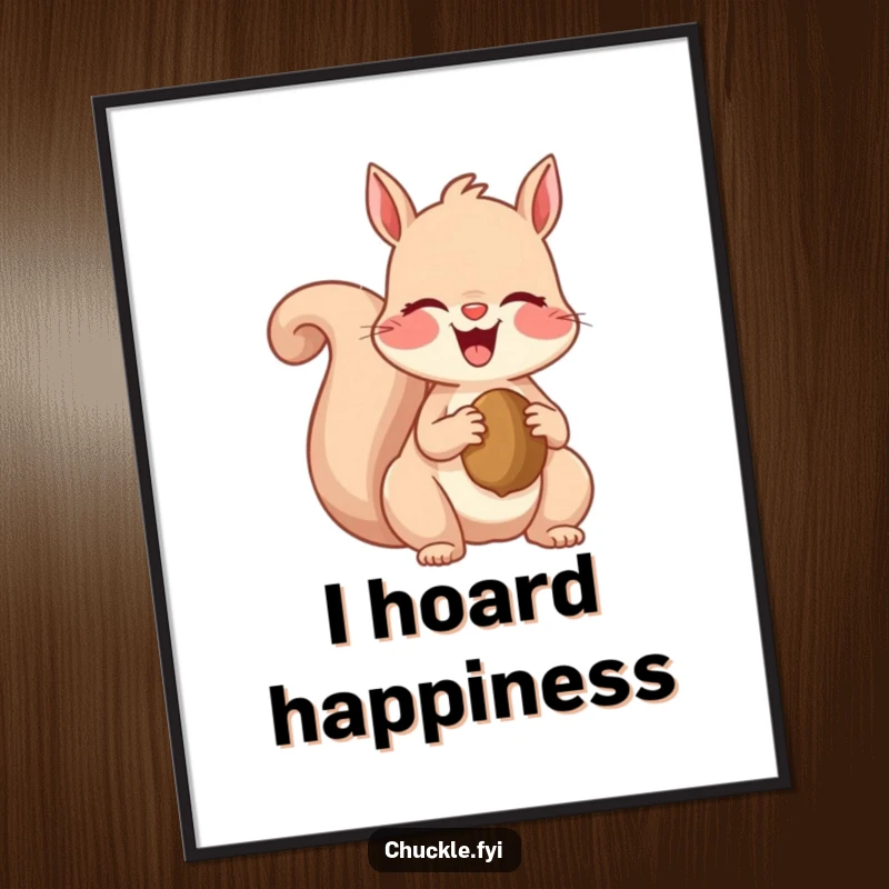 Funny poster capturing a squirrel mid-giggle, clutching a nut, its eyes sparkling with mirth, perfect for adding humor to any wall.