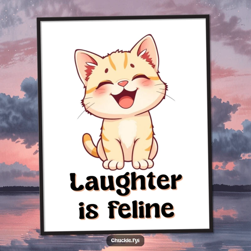Funny poster featuring a happy kitten with perked ears caught in a hilarious burst of uncontrollable laughter. Irresistibly amusing.