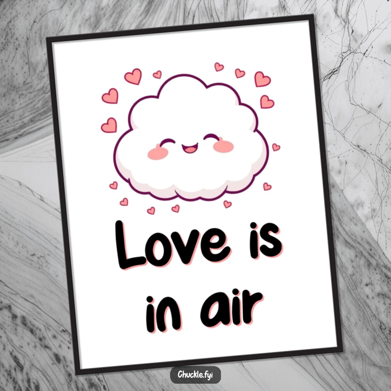 Funny poster illustrating a fluffy cloud character showering tiny hearts, evoking feelings of love, joy, and celestial romance.