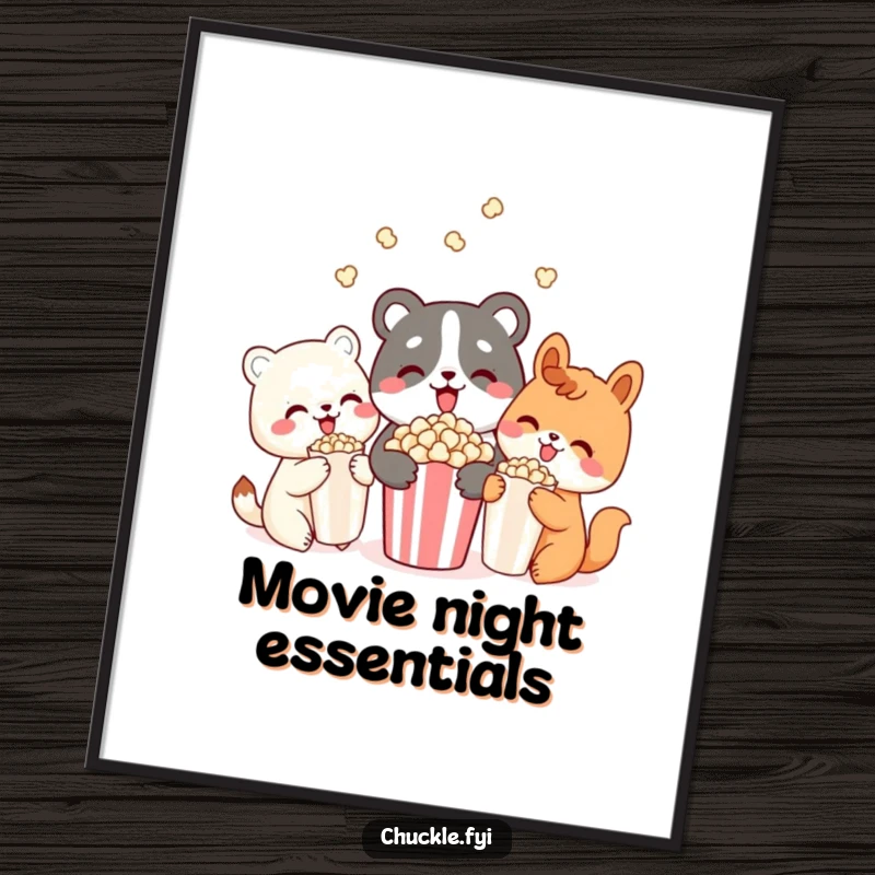 Funny poster illustrating three adorable animal characters delightedly sharing a large bowl of popcorn, capturing a moment of pure joy and camaraderie.