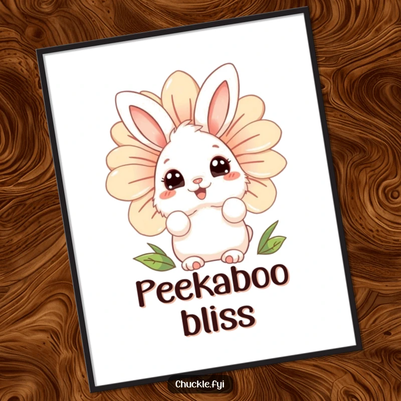 Funny fluffy bunny poster character with wide, curious eyes, peeking from behind a giant, laughing flower, whimsical wall art.