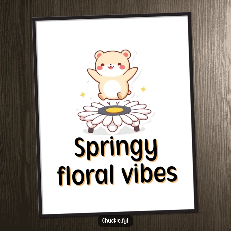 Funny poster depicting a small, round animal character executing a joyful bounce on its daisy trampoline, capturing a moment of exhilarating fun.
