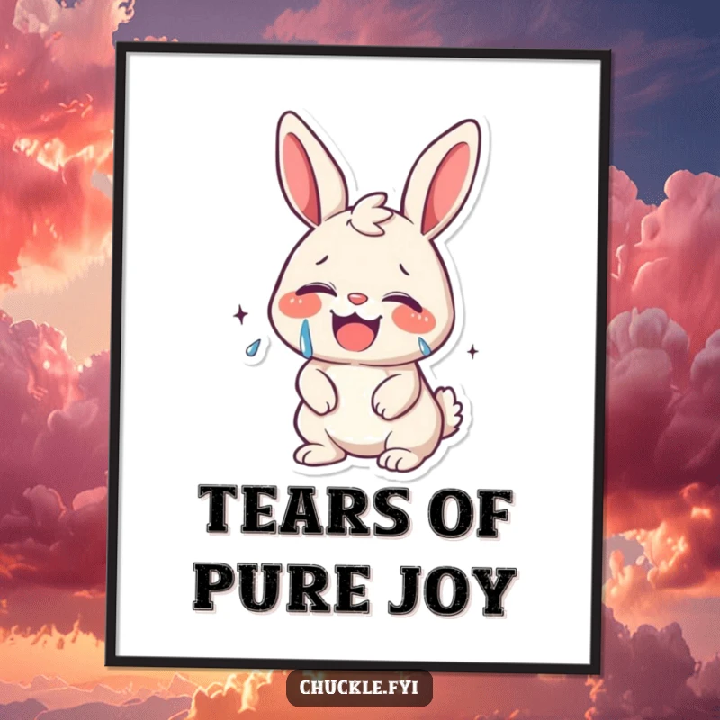 Funny kawaii bunny giggling uncontrollably, with tears of joy streaming, depicted as a humorous wall art poster, radiating happiness.