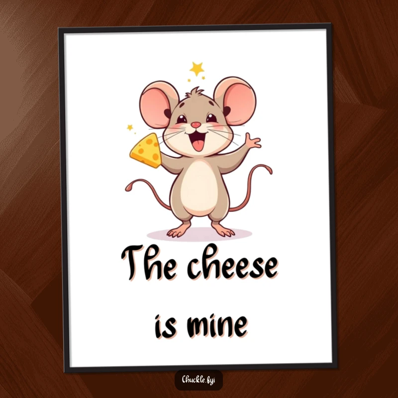 Funny poster print of a delighted mouse character performing an energetic celebratory jig while parading a block of cheese.