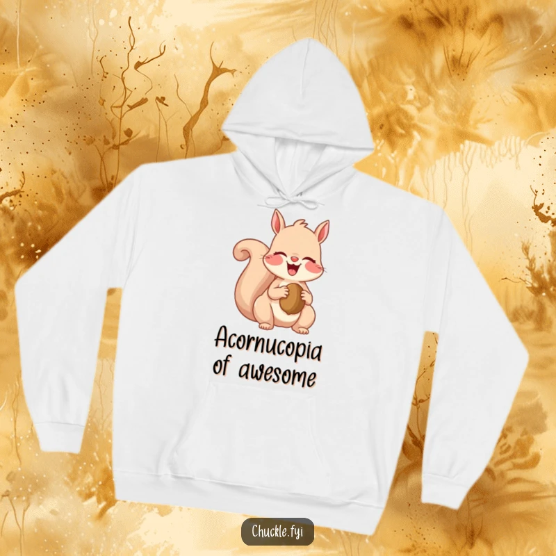 Funny hoodie featuring a cute squirrel with a big giggle, holding onto a nut, embodying pure, unadulterated fun and warmth.