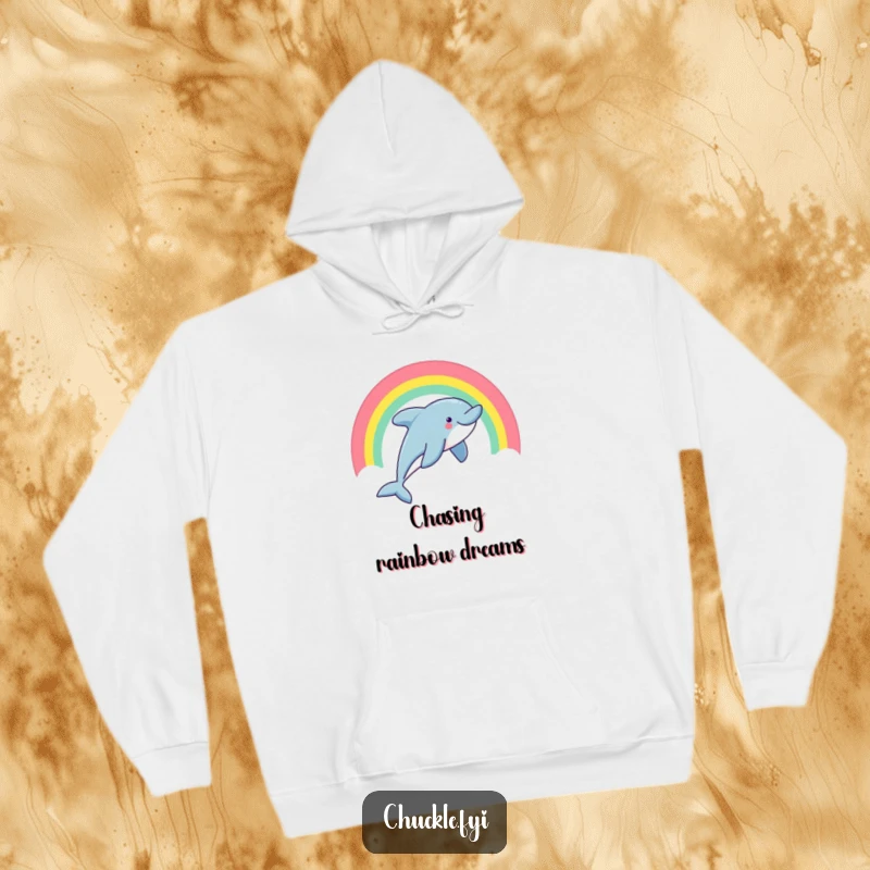 Funny dolphin hoodie featuring a happy dolphin mid-leap through a bright rainbow, cozy and fun.