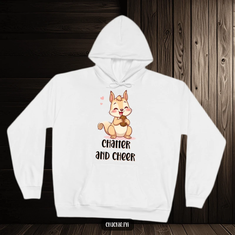 Funny hoodie depicting a mischievous squirrel chattering happily while holding a nut, offering cozy comfort and a humorous vibe.