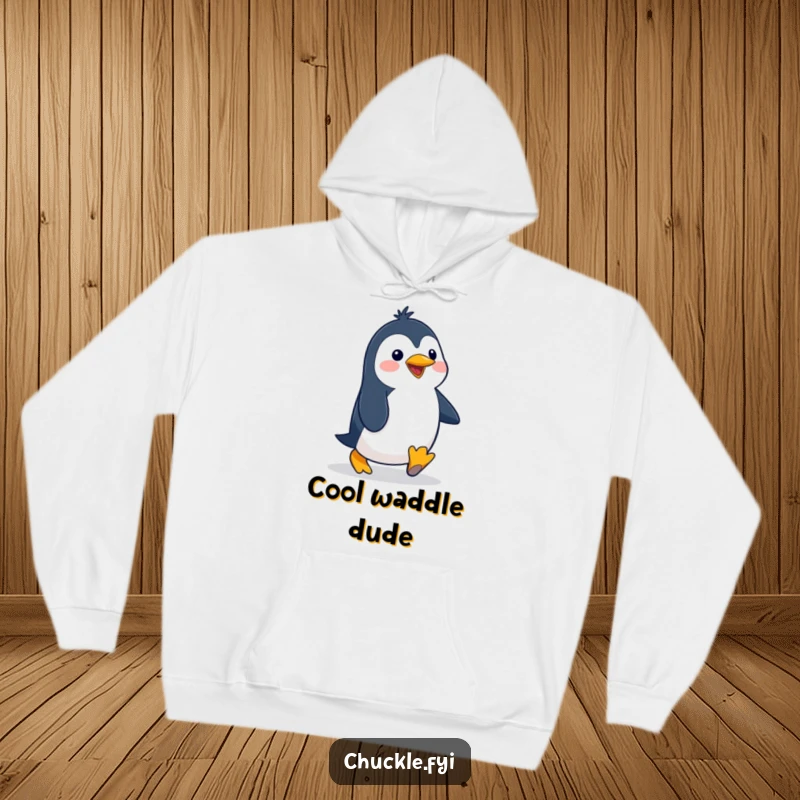 Funny penguin hoodie with a delighted cartoon character waddling with a silly, exaggerated gait, offering cozy humor and charm.