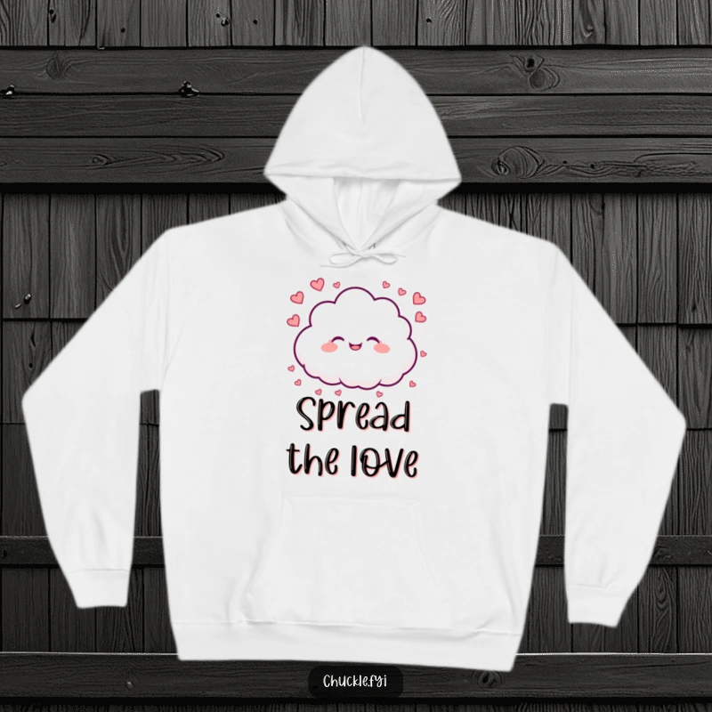 Funny hoodie depicting a fluffy cloud showering tiny heart shapes, exuding warmth, love, and celestial happiness.