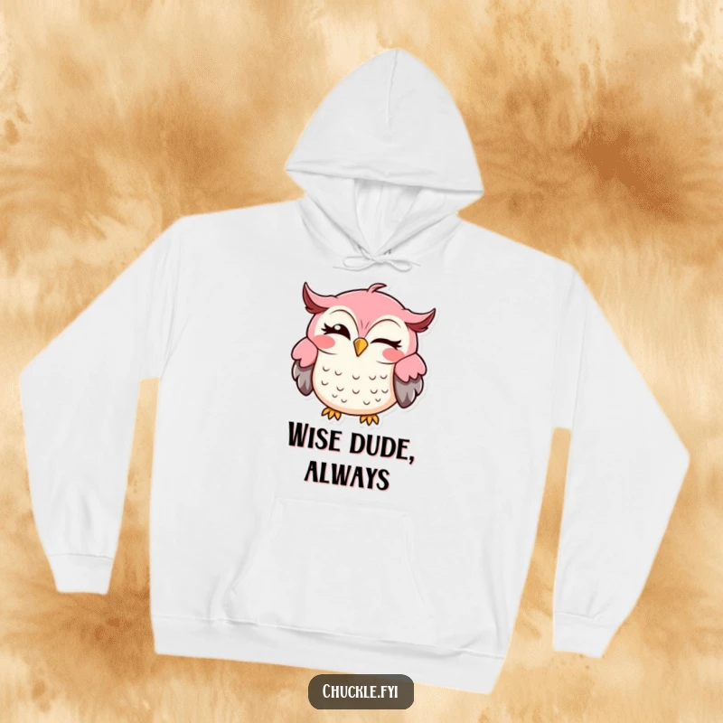 Funny owl hoodie with a happy, winking owl sporting a comical sideways grin, perfect for cold weather.