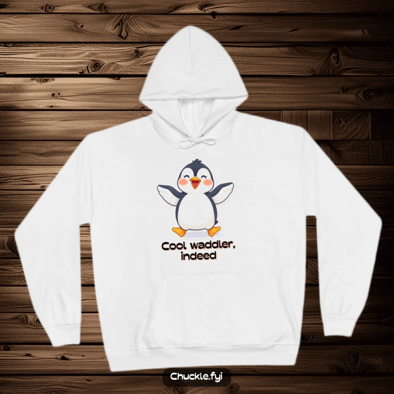 Funny penguin hoodie featuring a joyful penguin waddling with wings spread wide, perfect for cold weather.