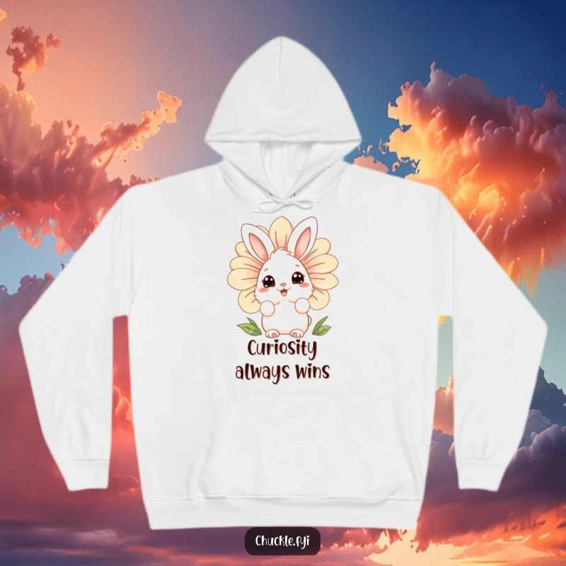 Funny fluffy bunny hoodie character with wide, curious eyes, peeking from behind a giant, laughing flower, soft and comforting.