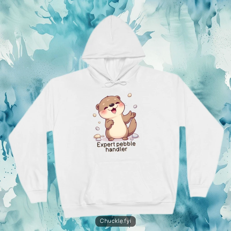 Funny otter juggling pebbles design on a cozy hoodie, showing off a playful and happy otter character.