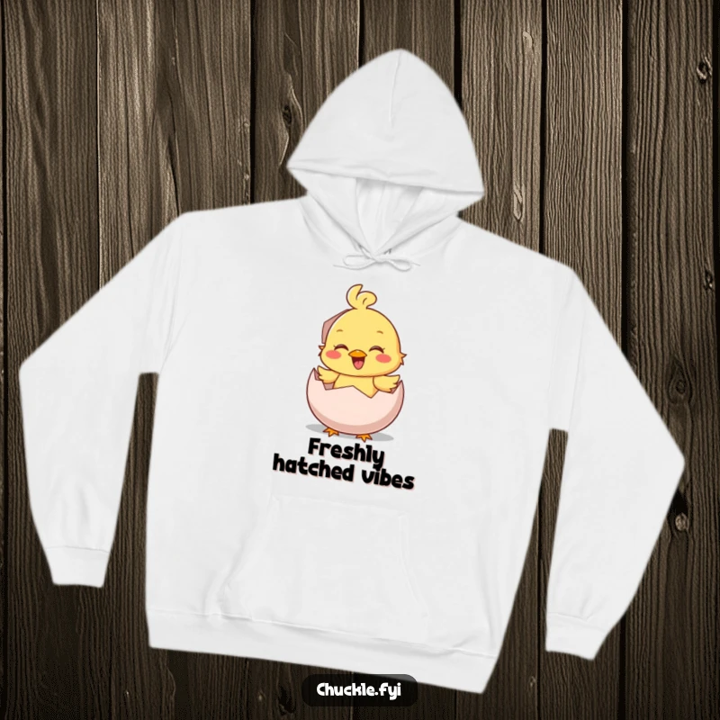 Funny Hoodie: A smiling chick character emerges from an egg with a loud chirp, radiating warmth and happiness.