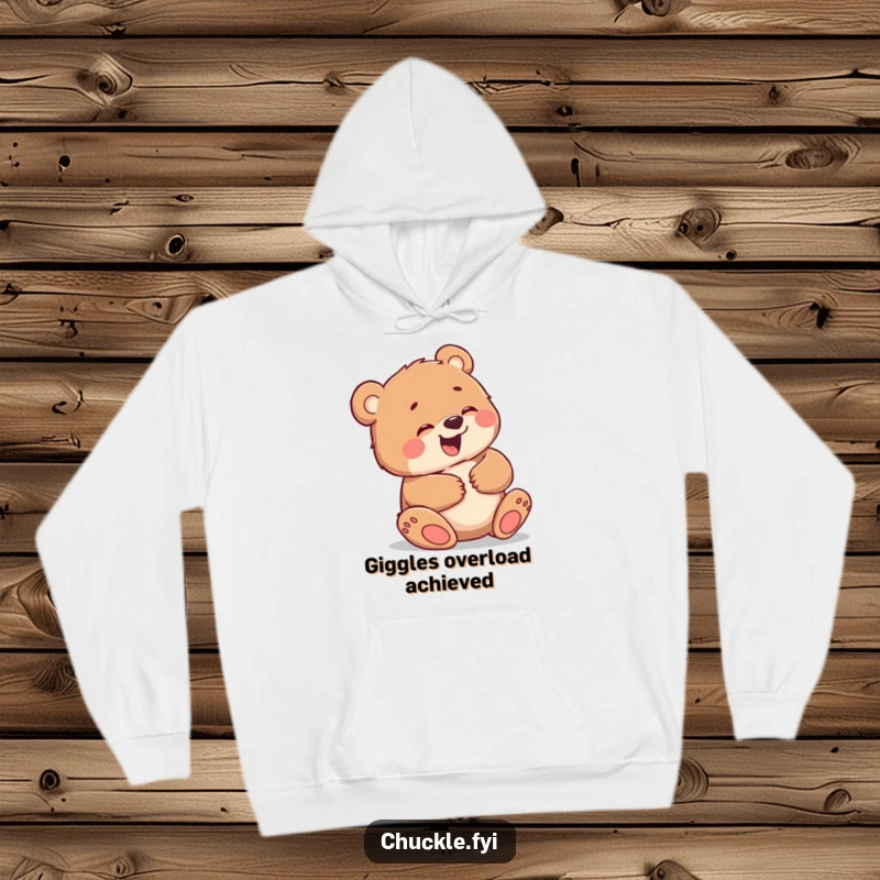 Funny hoodie depicting a little bear cub giggling uncontrollably, holding its belly, offering warm comfort and a humorous vibe.