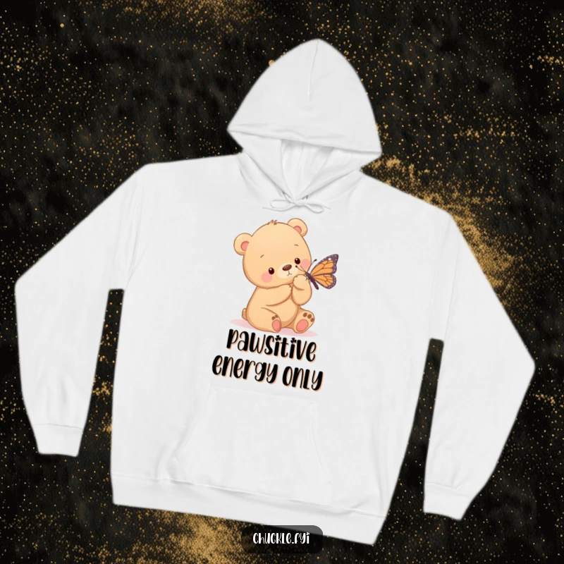 Funny hoodie featuring a lovable bear cub tenderly tickling a butterfly with its paw, embodying warmth, innocence, and playful interaction.