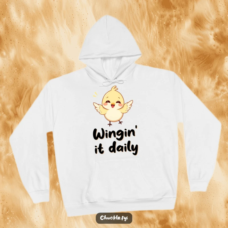 Funny bird hoodie showcasing a cute, happy bird character fluttering its wings and emitting a cheerful chirp, looking delightful.