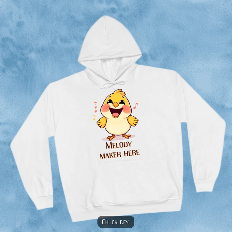 Funny Bird Hoodie featuring a happy little cartoon bird with a massive grin, singing a joyful tune, offering cozy cheer.