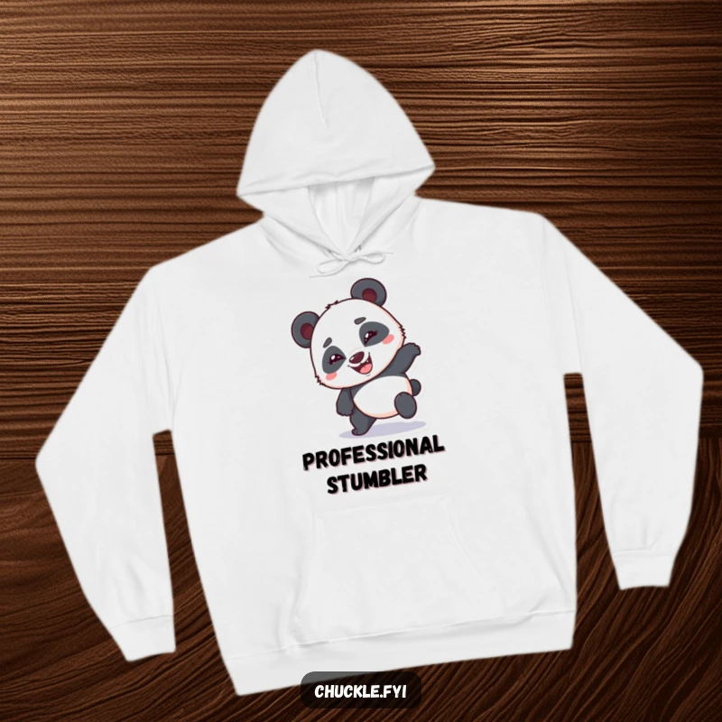 Funny bumbling panda hoodie depicting a clumsy panda stumbling with a huge goofy grin, a warm funny gift.
