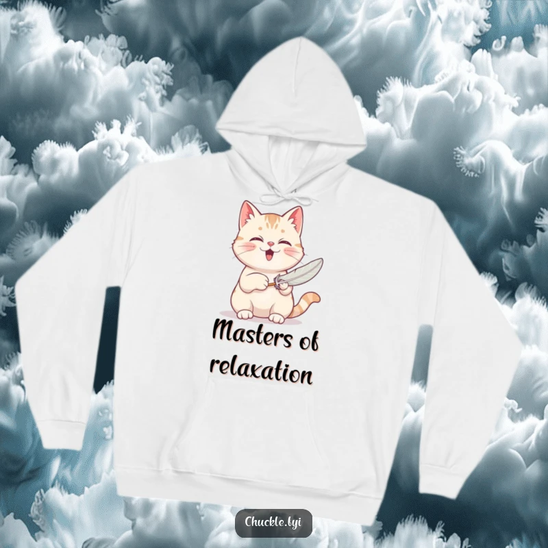 Funny hoodie depicting a contented cat purring loudly while actively batting at a feather toy, embodying cozy playfulness.