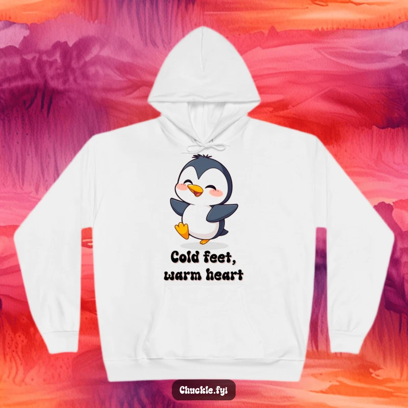 Funny hoodie showcasing a giggling penguin character waddling energetically, radiating pure, unadulterated joy and humor.