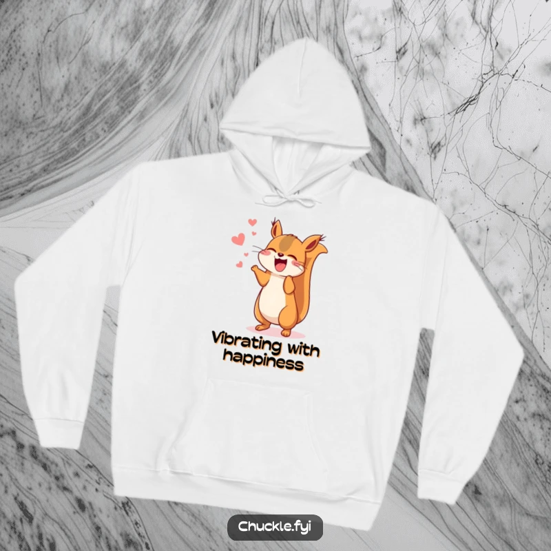 Funny Kawaii squirrel hoodie featuring a cute, chattering squirrel jumping gleefully, radiating infectious enthusiasm and amusement.