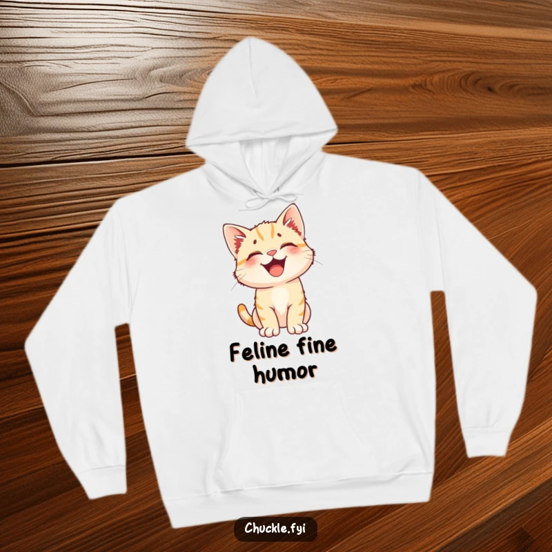 Funny hoodie: a happy kitten with perked ears in the midst of a hilarious, full-bodied burst of laughter. Comfort meets comedy.