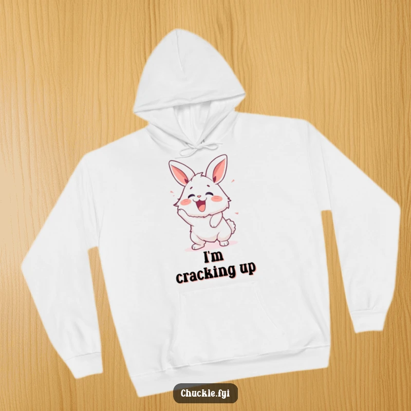 Funny hoodie with a fluffy bunny shaking vigorously with laughter, offering warmth and humor.