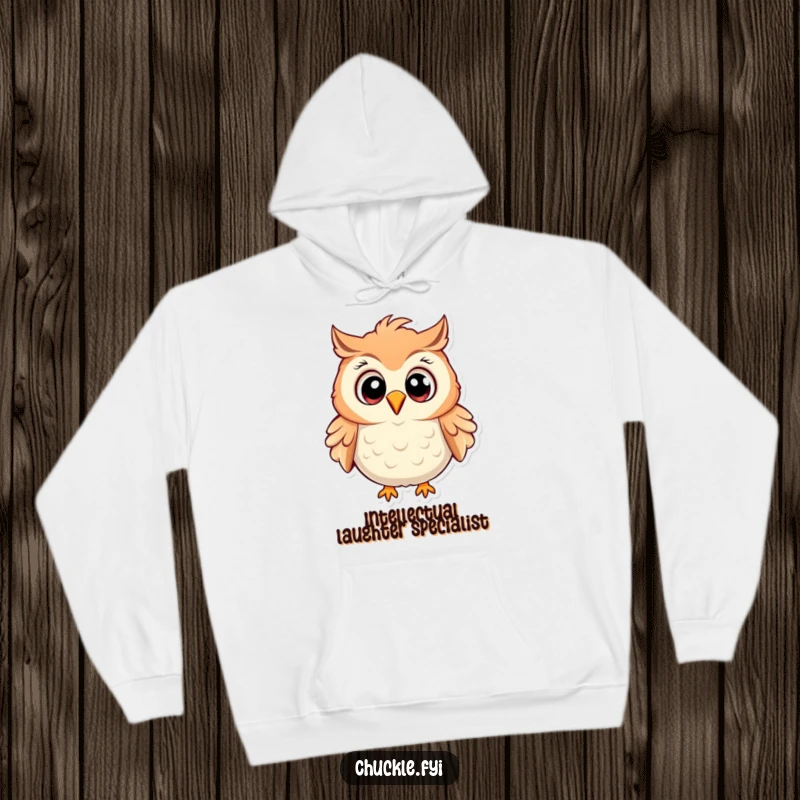 Funny Owl Hoodie featuring a cartoon owl chuckling heartily, wide eyes, ruffled feathers, offering warmth and a good laugh.